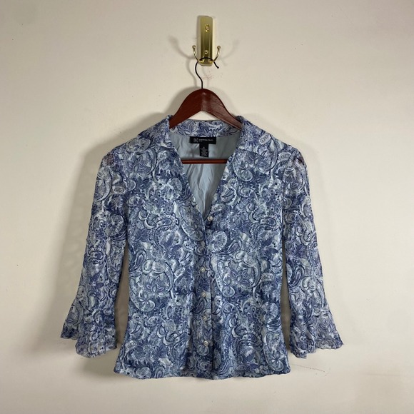 INC International Concepts Tops - Vintage Y2K I.N.C Button Up Collared Shirt 3/4 Ruffle Sleeves‎ Blue Paisley Boho
